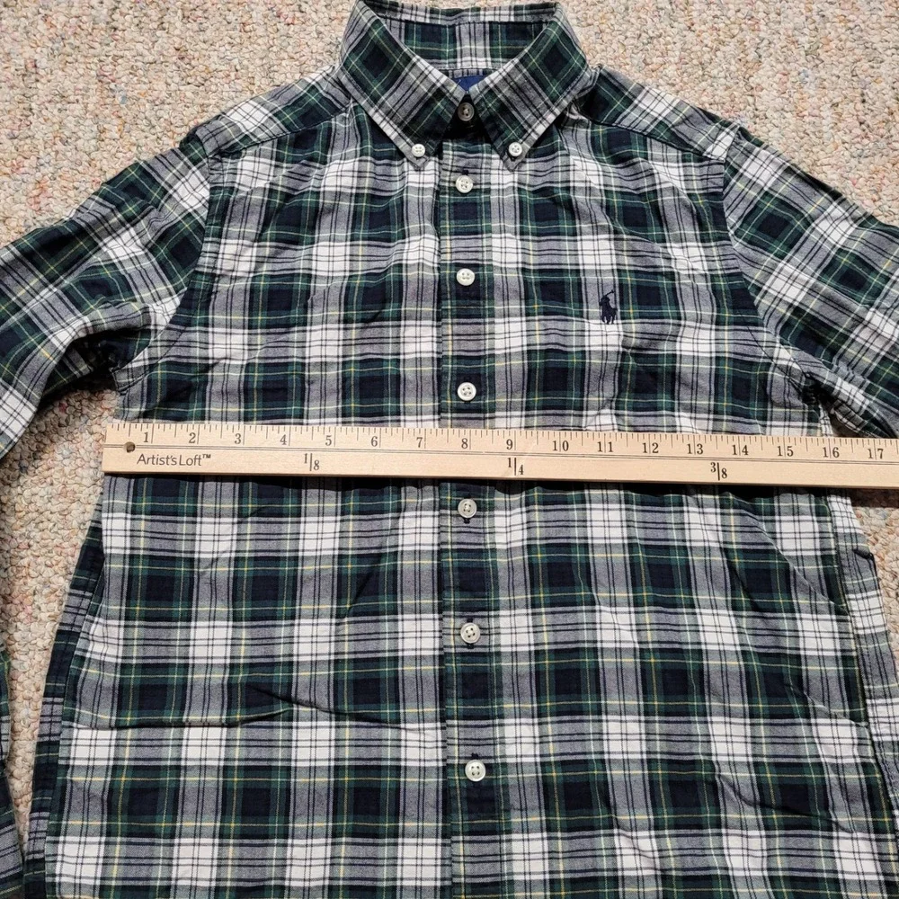 Ralph Lauren Shirt Boy Medium 10-12 Green Navy White Plaid OCBD Button Down Prep